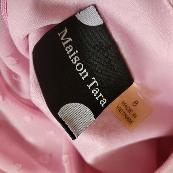 Size 8 Maison Tara Blush Punk Clip Dot Ruffled Faux Wrap Dress Puff Sleeve - Picture 4 of 5